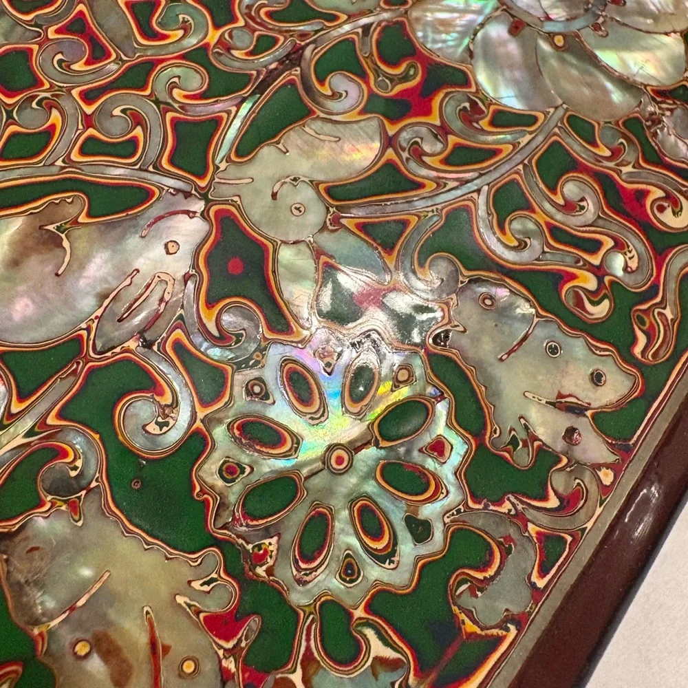 Stunning Vintage Korean Red Lacquer Octagon Mother of Pearl Jewelry Box Najeon - Picture 4 of 10